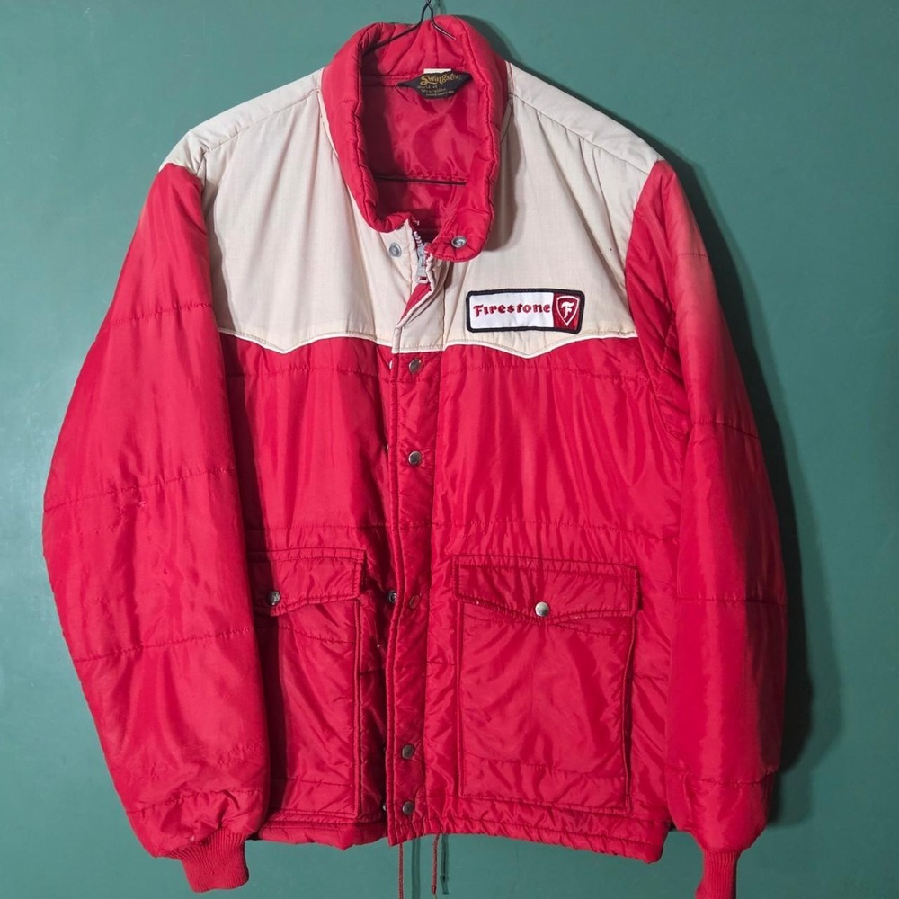 Vintage 1970s Swingster Firestone Racing Puffer Jacket Mens Large Red Cream USA